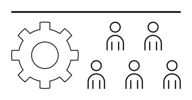 Dişli sembolü ve beş insan simgesi bir çizgi altında dizilmiş. Takım çalışması, işbirliği, organizasyon, yönetim, birlik, verimlilik ve süreç kavramları için ideal. Satır metaforu