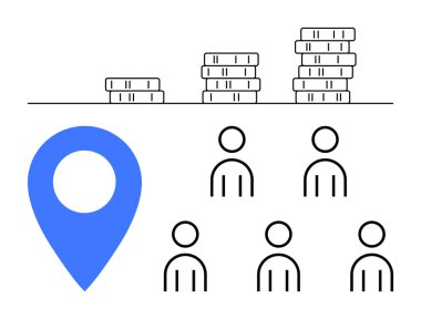 Yukarıya doğru büyüyen mavi paralar ve altı kişi. İş, finans, takım yönetimi, girişimler, iş gücü dağılımı, ekonomi ve planlama için ideal. Satır metaforu