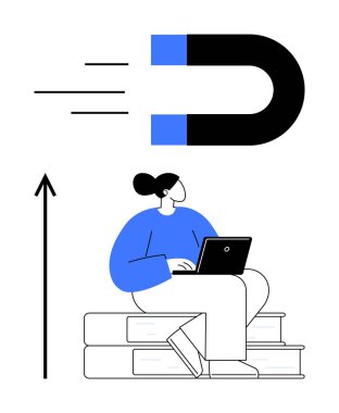 Mıknatıs ve ok tuşlarının altındaki kitaplarda dizüstü bilgisayar kullanıcısı yenilik teknolojisi cazibesini, büyümeyi, odaklanmayı öğreniyor. Eğitim, teknoloji, motivasyon, yenilik, odak, büyüme için ideal