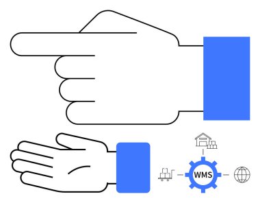 İki el, bir işaret ve başka bir kurban. Yanında depo, araba, WMS ekipmanları ve dünya için ikonlar var. Lojistik, yönetim, depo verimliliği güdüm yardımı için ideal küresel