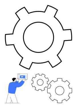 Takım çalışmasını, teknoloji entegrasyonunu ve verimliliği vurgulayan üç birbirine bağlı dişli mekanizmasının yanında oyun düğmesi gösteren mavi tabletli kişi. Teknoloji, mühendislik ve iş için ideal.