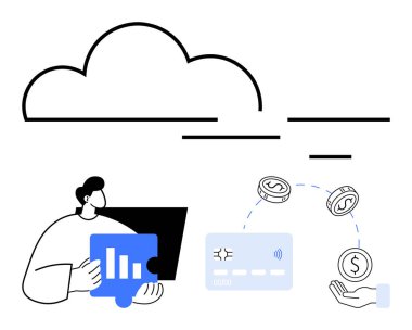 Bilgisayardaki, bulut servisindeki, kredi kartındaki, madeni paralardaki ve eldeki mali verileri analiz eden adam. Finans, teknoloji, çevrimiçi bankacılık, dijital işlemler, veri analizi için ideal