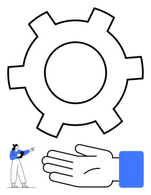 Büyük vitesli, mavi tabletli, uzanmış elli. Takım çalışması, işbirliği, teknoloji, rehberlik, organizasyon liderliği için ideal. Satır metaforu