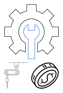 Gömülü ingiliz anahtarı, robotik kol aleti ve dolar işareti olan bozuk para. Mühendislik, otomasyon, finans, endüstri, yenilik ekonomik büyüme ve teknik destek konuları için idealdir. Çizgi