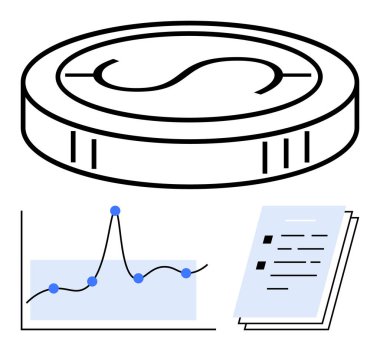 Döviz sembollü sikke, veri noktalı çizgi grafiği ve belge yığını. Mali büyüme, yatırım planlaması, piyasa analizi, ekonomik içgörüler, iş stratejisi geliştirme, veri
