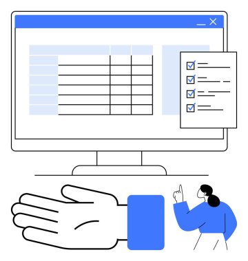 Bir veri tablosunu gösteren bilgisayar ekranı. Yapılacaklar listesi, açık el ve işaret eden kişi organizasyonu, veri yönetimini vurguluyor. İş için ideal, üretkenlik, yönetim, iş akışı