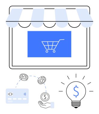 Ekranda alışveriş arabası, kredi kartı, para transferi ve elektronik ticareti ve çevrimiçi ödeme çözümlerini sembolize eden ampul dolar. Çevrimiçi perakende satış, dijital işlemler, mobil ödemeler, sanal