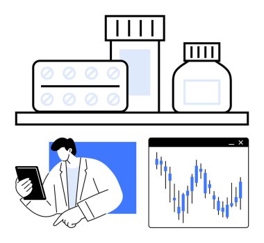 Tablet tutan sağlık çalışanı, rafta çeşitli ilaçlar, ekranda dalgalanan çizgi grafiği. Tıbbi analiz, ilaç, sağlık teknolojisi, veri araştırması, tedavi için ideal