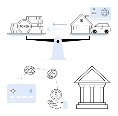 Bir tarafında dijital jetonlar, diğer tarafında ev ve araba olan dengeli bir ölçek. Ödeme kartı, madeni parayla el ve aşağıdaki banka binası. Fintech, engelleme zinciri, dijital ödemeler, gayrimenkul için ideal