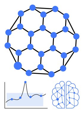 Birbirine bağlı düğümlü geometrik küre veri grafiği beyin hatları. Bağlantı için ideal, ağlar, veri analizi, teknoloji, sinir bilimi, yapı, yenilik. Satır metaforu