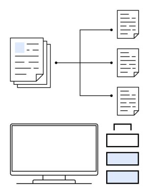 Belgeler bir akış şeması, masaüstü monitörü ve kutuları sıralama yoluyla bağlandı. İş süreci haritalama, iş akışı optimizasyonu, veri yönetimi, proje planlaması, organizasyonel araçlar, ofis için ideal