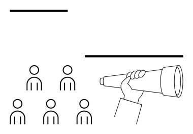 Hand holding a telescope, viewing group of six people symbols. Ideal for talent scouting, recruitment, business strategy, leadership, market research, exploration, and vision. Line metaphor clipart