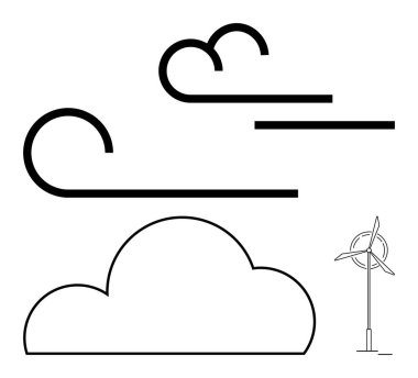 Rüzgâr türbini minimalist çizgilerin yanında bulut ve rüzgar çizimleri. Yenilenebilir enerji, sürdürülebilirlik, hava tahminleri, çevre dostu temalar, çevresel koruma, yeşil enerji