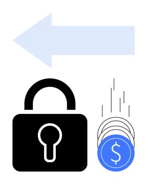 Dolar işaretli mavi paraların yanında siyah kilit ve solu gösteren büyük beyaz bir ok. Finans, güvenlik, tasarruf, yatırım, çevrimiçi bankacılık, dolandırıcılık önleme, veri koruması için ideal. Çizgi