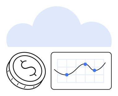 Coin and line graph with data points in front of a cloud outline. Ideal for finance, analytics, cloud computing, investments, business growth, technology strategy, digital economy. Line metaphor clipart