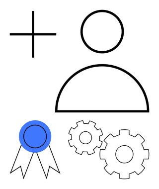 Ayarları olan kullanıcı simgesi, mavi madalya ve artı işareti. Kullanıcı profilleri, hesap ayarları, kullanıcı yönetimi, başarılar, müşteri hizmetleri kişiselleştirmesi için ideal. Satır metaforu