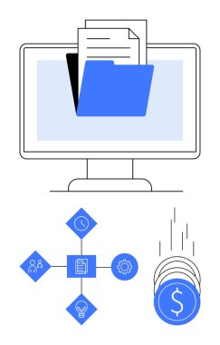 Bir klasör ve belge ile bilgisayar monitörü, zamanı, ekibi, ayarları, maddi büyümeyi temsil eden madeni paraları temsil eden dört birbirine bağlı simge. Ofis, yönetim, dijital depolama için ideal