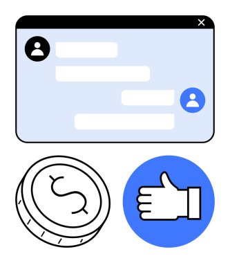 Metin baloncukları ve kullanıcı simgeleri ile mesajlaşma uygulaması arayüzü. Para birimi için sikke sembolü ve onay ya da onaylama için başparmak işareti. Teknoloji, finans, sosyal medya, iletişim ve onay için ideal