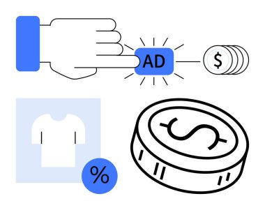 El tıklama düğmesi, bozuk para yığını, dolar işareti, tişört taslağı ve yüzde indirim çemberi. Reklam, e-ticaret, promosyonlar, online alışveriş satış stratejileri için ideal.
