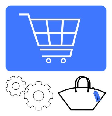 Mavi arka planda alışveriş arabası, iki vites tekerleği ve etiketli el çantası. E-ticaret, perakende satış, çevrimiçi pazarlama, teknoloji, alışveriş uygulamaları iş geliştirme ürün yönetimi için idealdir. Satır metaforu