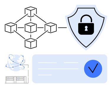Güvenlik, küresel veri değişimi ve doğrulama işaretini gösteren bir kalkan kilidine bağlı engelleme zinciri ağı. Siber güvenlik, teknoloji, veri koruması, engelleme zinciri, ağ için ideal