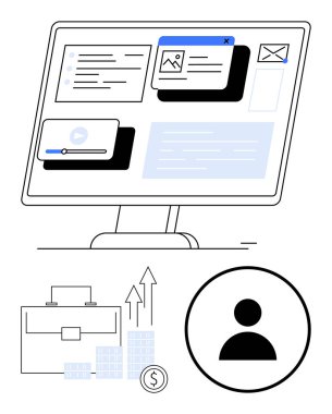 Çeşitli bilgi panellerini gösteren bir masaüstü monitörü, bir e- posta simgesi. Aşağıda bir evrak çantası, finansal büyüme sembolleri ve bir kullanıcı profili simgesi var. İş, iletişim ve üretkenlik finansmanı için ideal