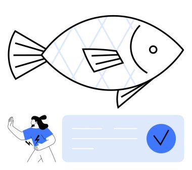 Geometrik dizaynlı balıklar mavi gömlekli insanlar ve mavi dikdörtgenli işaretler. Deniz ürünleri, doğa, sağlık, eğitim, markalaşma, minimalizm, tasarım projeleri için idealdir. Satır metaforu