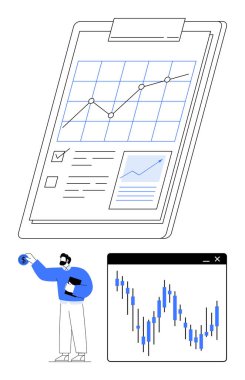 Çizgi çizelgesi ve kontrol listesi olan bir pano, haritalı bir dolar işareti tutan bir adam ve değişen bir mali grafik. İş analizi, mali raporlama, proje yönetimi, piyasa araştırması için ideal