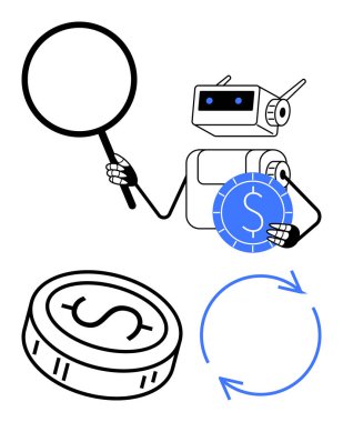 Robot büyüteçle inceleme yapıyor, bozuk para tutuyor. Dolar işareti ve dairesel ok diyagramı olan bozuk para. Finansal analiz, tasarruf, yatırım, otomasyon, teknoloji, dijital para birimi için ideal