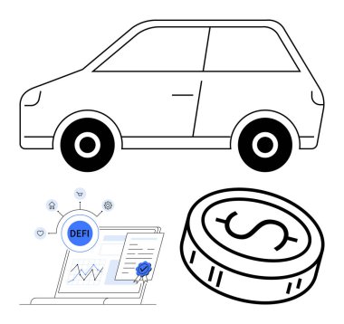 Araba taslağı, DEFI konseptli bir dizüstü bilgisayar, çizelgeler ve bir dolar para. Otomotiv endüstrisi, finans teknolojisi, kripto para birimi, blok zinciri, yatırımlar, dijital para birimi ve modern finans için ideal