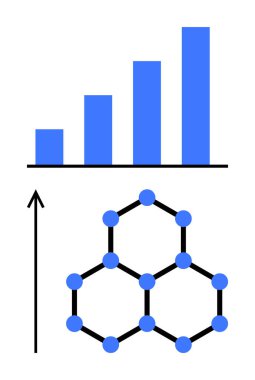 Altta yükselen mavi çubuklar ve moleküler altıgen yapısı olan çubuk grafiği. Büyüme, bağlantı, ilerleme, gelişme, bilim, teknoloji ve yenilik konuları için idealdir. Satır metaforu