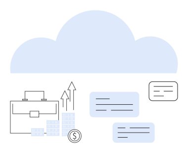 İş çantası, yükselen bar grafikleri, yukarı çıkan oklar, konuşma baloncukları ve bulut şekli. Ticari büyüme, bulut hesaplama, veri depolama, finansal analiz iletişim gelecekteki planlama için ideal