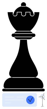 Giant chess piece on a pedestal with a blue check mark symbolizing approval. Small wind turbine at side. Ideal for strategy, decisions, excellence, approval, green energy, symbolic representation clipart