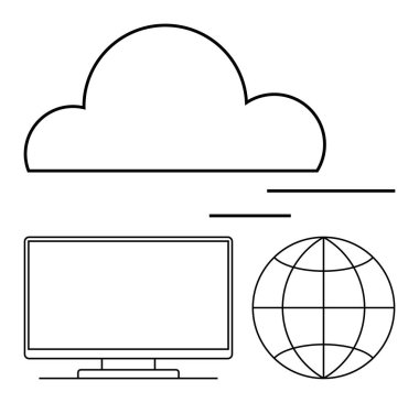 Bulut, bilgisayar monitörü ve basit çizgi sanatı ile temsil edilen küre. Teknoloji, bulut hesaplama, küresel iletişim, internet, dijital hizmetler, veri depolama ve ağ oluşturma konuları için ideal
