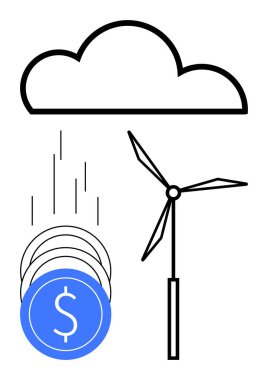 Rüzgar türbininin üstündeki bulut, bozuk paralar iniyor, sürdürülebilir enerjinin finansal faydalarını temsil ediyor. Yenilenebilir enerji, iş finansmanı, ekonomik büyüme ve temiz teknoloji için ideal