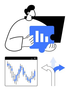 İş adamı yapboz parçasını tutuyor, ekranda grafik, tercihler için yön okları. İş stratejisi, veri analizi, mali tahmin, karar verme, takım çalışması için ideal