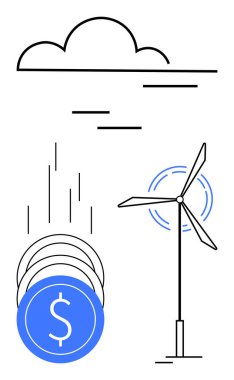 Bulutun altındaki bir rüzgar türbininin yanına düşen paralar yenilenebilir enerjiye yapılan mali yatırımların göstergesidir. Sürdürülebilirlik, finans, yatırım, yeşil enerji, çevre bilinci için ideal