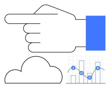 Mavi kollu sağ el, altta bulut simgesi, sağ altta vites ve kalkan simgeleri olan çizgi grafiği. İş verileri, analitik, teknoloji, bulut hesaplama ve güvenlik için ideal