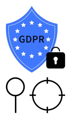 Ortasında GDPR olan mavi bir kalkan, yıldızlarla çevrili, siyah asma kilit, arama büyüteci, hedef. Veri güvenliği, gizlilik düzenlemesi, uyum, çevrimiçi güvenlik kişisel veri koruması için ideal