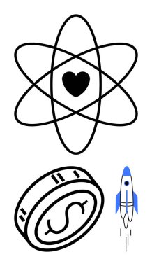 Kalbi olan bir atom, bozuk para ve roket gemisi. Bilim, finans, yenilik için idealdir. Girişimcilik teknoloji büyümesini sever. Çizgi benzetmesi. Çizgi benzetmesi. Basit satır simgeleri