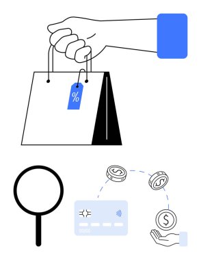 İndirim etiketli el çantası, büyüteç, kredi kartı, bozuk para, el ödemesi. Perakende satış, e-ticaret, indirim teklifleri, finansal işlemler alışveriş ödemeleri için ideal