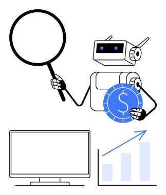 Robot büyüteç ve bozuk para tutuyor, bilgisayar monitörü ve yukarı doğru grafiğin yanında. Teknoloji, finans, veri analizi, yatırım, iş büyümesi, araştırma ve yapay zeka için ideal