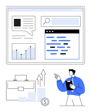İşadamı, mali büyüme simgeleri ve bar grafikleriyle birlikte geniş bir ekran arayüzünde yer alan veri grafiklerine ve grafiklere işaret ediyor. İş, finans, analitik, sunumlar, pazarlama, strateji için ideal