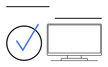 Mavi işaretli daire, üstünde ve altında siyah çizgiler olan bilgisayar monitörünün yanında. Dijital onay, çevrimiçi sertifika, görev tamamlama, yazılım doğrulama, proje yönetimi için ideal
