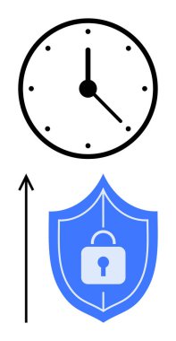 Kalkanın üstünde kilit sembolü olan saat. Zaman yönetimi, güvenlik, koruma, dakiklik, güvenlik, verimlilik, organizasyon hattı metaforu için ideal