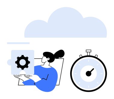 Bulut adam bulmaca parçası büyük kronometre tutuyor. Bulut depolama, teknoloji, zaman yönetimi, verimlilik, bütünleşme, takım çalışması, yenilik için ideal. Satır metaforu