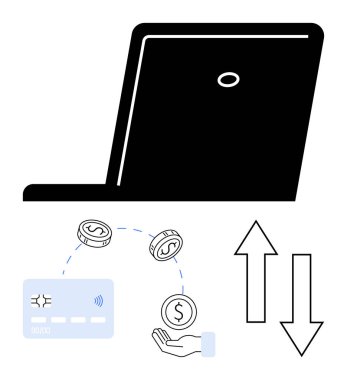 Dizüstü bilgisayar, kredi kartı, bozuk paralar, dijital işlemleri gösteren yukarı aşağı oklar. Çevrimiçi ödemeler, finans teknolojisi, bankacılık, e-ticaret, ekonomik büyüme ticari işlemleri için ideal
