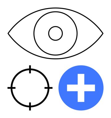 Göz simgesi, hedef sembol ve mavi tıbbi çapraz görüş düzeltmesi, tıbbi bakım ve sağlık odağı. Sağlık, optometri, tıbbi teknoloji, görme düzeltmesi, odaklanma kavramları için ideal