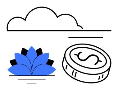 Dolar işaretli sikke, mavi çiçek ve bulut. Fintech, tasarruflar, yatırımlar, büyüme stratejileri, kişisel finans yönetimi ve barışçıl yaşam için ideal. Satır metaforu