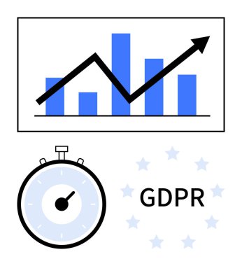 Yükselen trend bar kronometre sembolü ve yıldızlarla çevrili GDPR metni olan çizgi grafiği. Veri gizliliği, uyum, düzenleme, veri koruması, analitik, GDPR, veri yönetimi için ideal. Çizgi